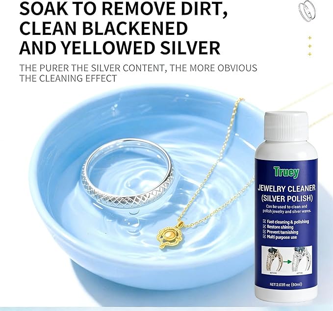 Truey Silver Cleaner, Jewelry Cleaner Silver Polish, for Pure Silver Pure Gold, Removes Tarnish & Restores Shine, Fast Dipping Solution for Sterling Silver & Gold, Gentle Anti-Tarnish liquid (60ml)