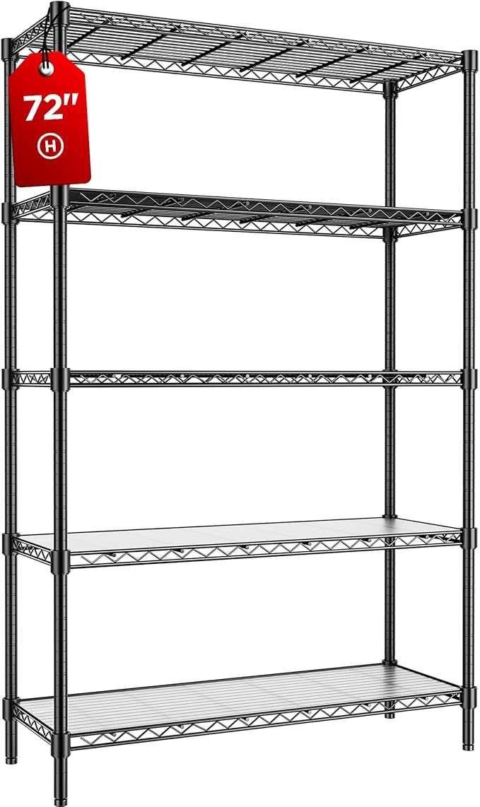 45" W Storage Shelves 5 Tier Wire Shelving, Adjustable Metal Shelving Unit with Shelf Liners, 1875LBS Heavy Duty Storage Rack for Garage Pantry Kitchen Commercial, 45" W x 16" D x 72" H, Black