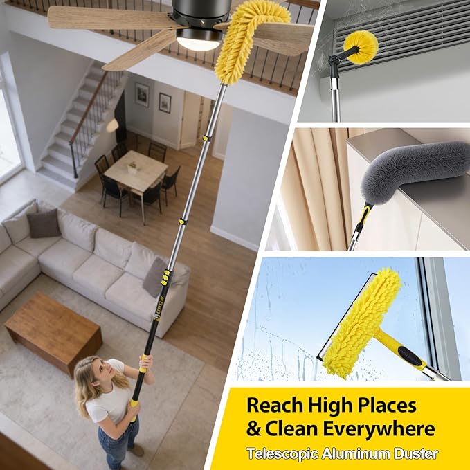 30 Foot High Ceiling Duster Kits with 4.7-24ft Heavy Duty Extension Pole, High Reach Duster for Cleaning,Microfiber Feather Duster,Cobweb Duster,Ceiling Fan Duster,Window Squeegee & Cleaner