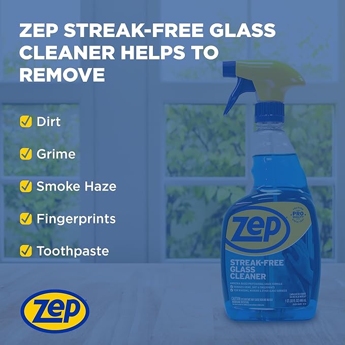Zep Streak-Free Glass Cleaner - 32 Oz (Case of 4) ZU112032- Professional Grade Formula that Cleans Dirt, Fingerprints, Grime, Smoke Haze, and Toothpaste on Windows, Mirrors, and Other Glass Surfaces