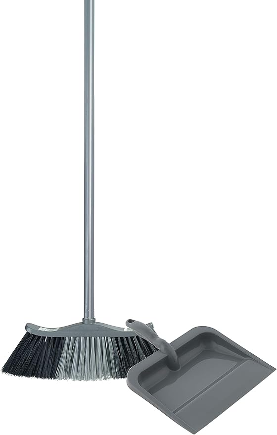 Superio Set of Grey Broom and Matching Dustpan Broom Has a 48” Handle, Durable Plastic Dustpan with Comfort Grip Handle