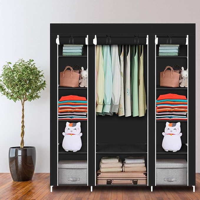 69" Portable Clothes Closet Wardrobe Storage Organizer with Non-Woven Fabric Quick and Easy to Assemble Extra Strong and Durable Black Closet Organizer with Protective Cover MITPATY