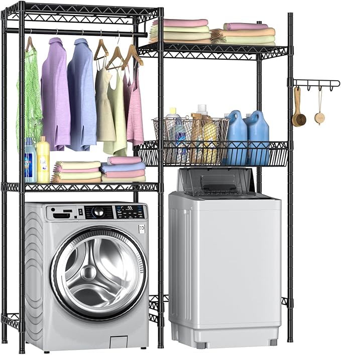 Golpart Over Washer and Dryer Shelves,Laundry Room Storage Organization Clothes Drying Rack,4 Tier Adjustable Height Wire Shelving with Wire Basket,Hanger Rod&Hook,Space Saving Shelf