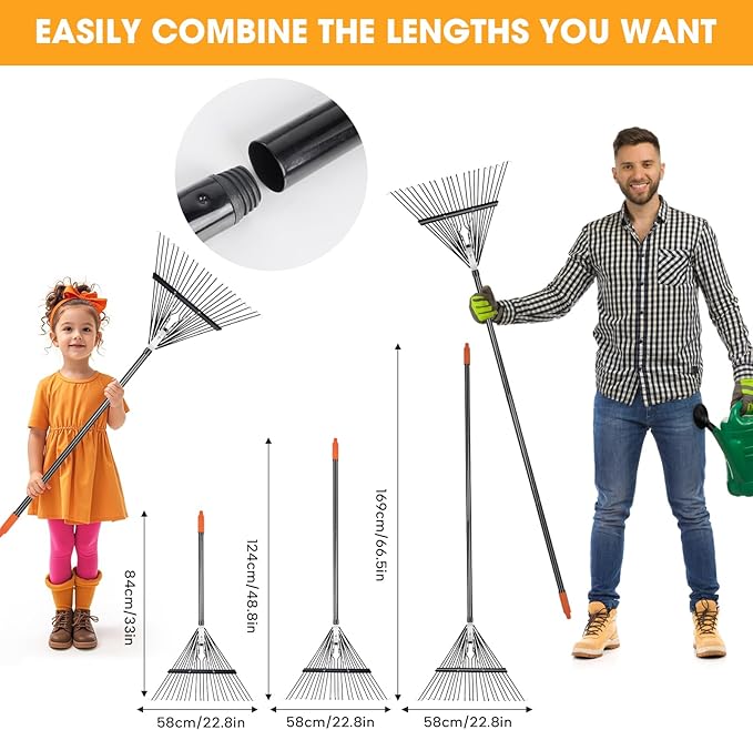 46 HRC Steel Gardening Leaf Rake, 22 Tines 22.8" Wide,Adjustable Split Long Handle 33-67",Suitable for Raking Leaves and Lawn Tidying,Garden rake and thatch rake Suitable for Adults
