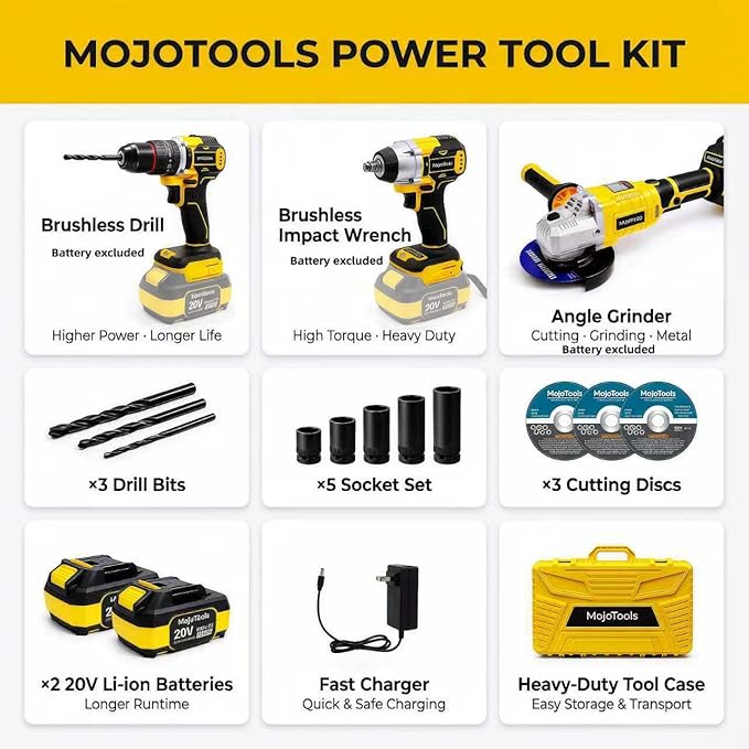 Brushless Cordless Power Tool Combo Kit for Heavy DIY & Semi-Professional Use – 50Nm Drill Driver, 380Nm Impact Wrench, 5" Angle Grinder LCD, 2×3000mAh Batteries, Carry Case &&Accessories