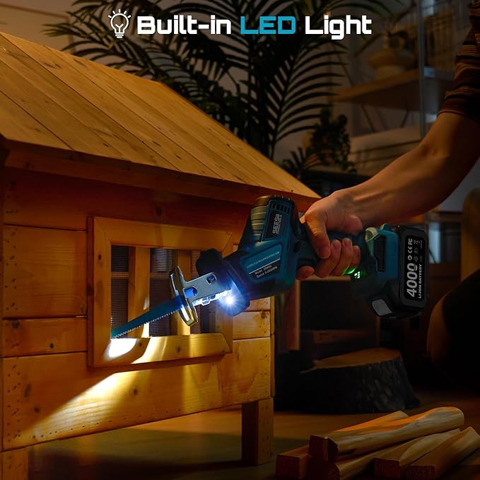 SEESII Reciprocating Saw Cordless, Variable Speed 3500 RPM Brushless Motor with 6 Saw Blades, 2 x 4.0Ah Batteries, LED Light, Tool‑Free Blade Change, Portable for Wood PVC Cutting
