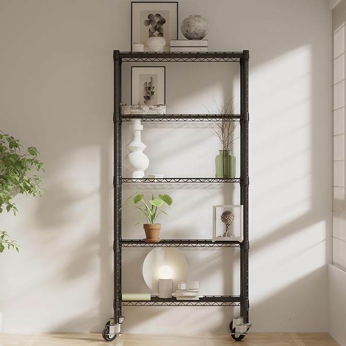 5 Tier Shelving Unit Wire Rack, Heavy Duty Adjustable Shelf Rolling Storage Shelves with Wheels, 14" D x 30" W x 60" H 750 lbs Capacity Kitchen Garage Pantry Shelves for Small Spaces