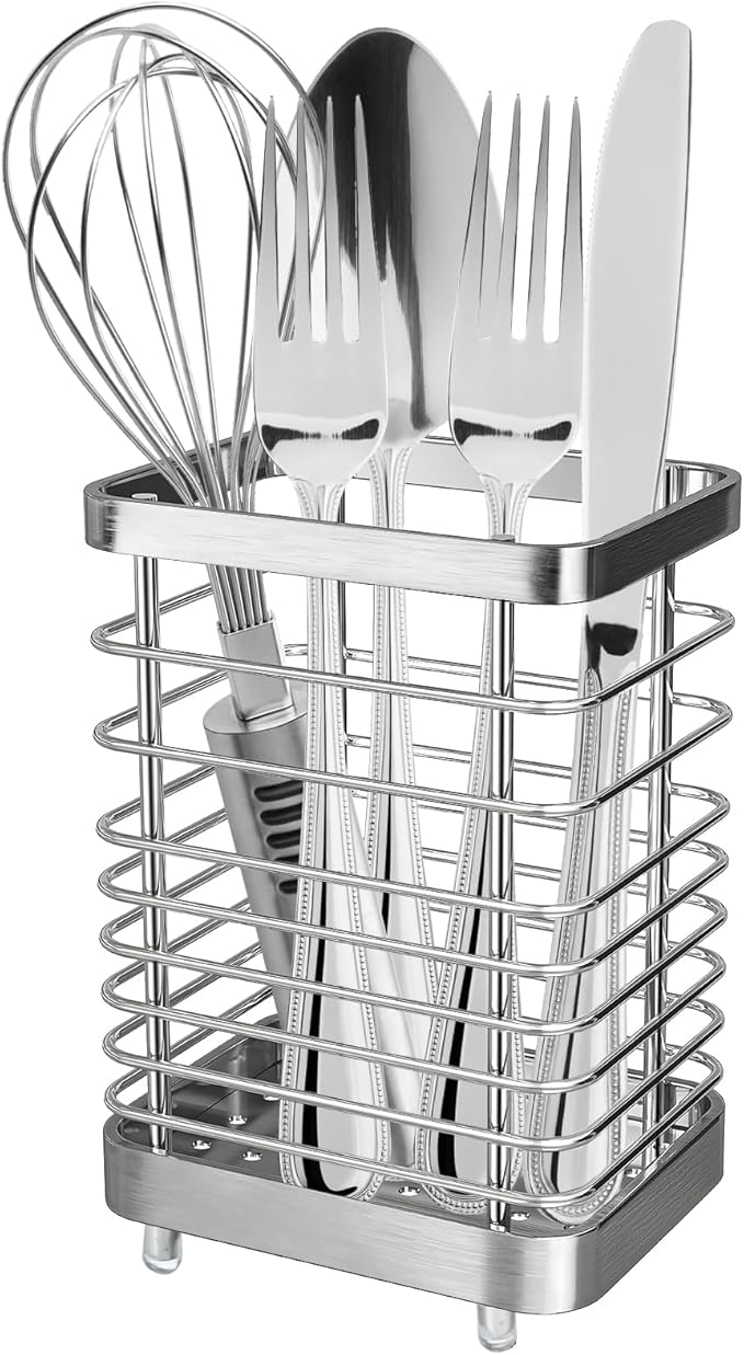 Utensil Holder, Stainless Steel Utensil Drying Rack for Kitchen Counter, Silverware Cutlery Flatware Holder Forks, Knives, Spoons, Chopsticks Organizer (Silver)