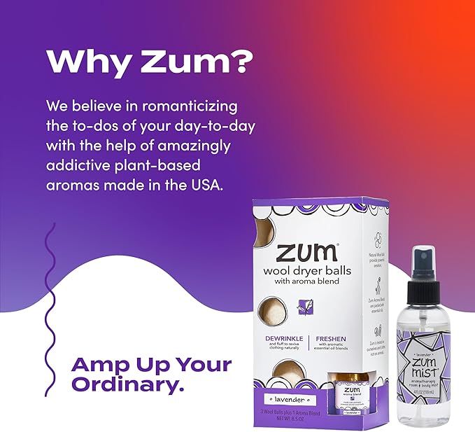 Zum Wool Dryer Balls Kit Plus Zum Mist - 3 Wool Balls with Essential Oil Blend & Room & Body Mist - Lavender