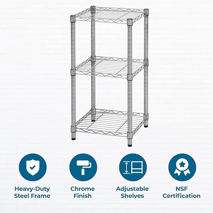 Honey-Can-Do 3 Tier Heavy-Duty Adjustable Shelves, Metal Storage Rack with 200-lb Shelf Capacity, Chrome, 15" W x 14" L x 30" H