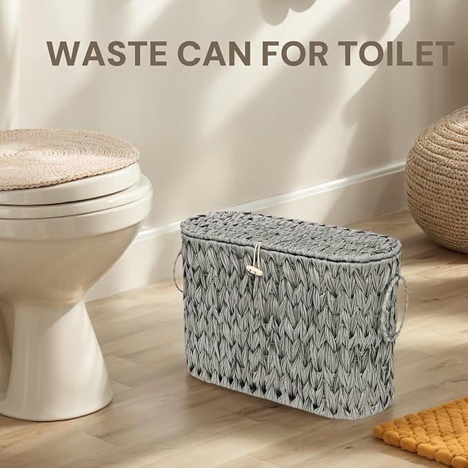 Pumtus Toilet Paper Storage Basket, Handwoven Toilet Paper Holder with Lid & Handle, Large Decorative Container for up to 6 Rolls, Plastic Trash Bin Magazine Organizer for Bathroom, Office