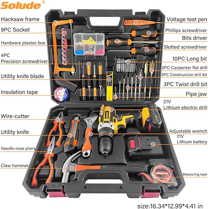SOLUDE Tool Set with Drill,21V Cordless Power Drill Tool Box with 2 Battery,Electric Drill Driver with Basic Hand Tools for Home Repair and DIY Projects