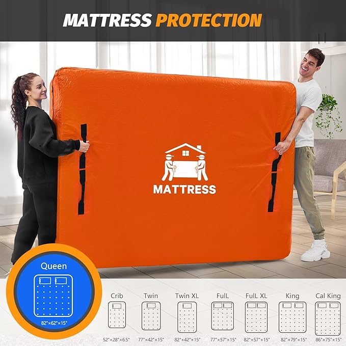 Mattress Bags for Moving, BETU Mattress Protector Waterproof Mattress Cover Queen Size Storage Bags with 8 Heavy-Duty Handles and Zipper for Bed Extra Thick Large Reusable (82"x62"x15" Orange)