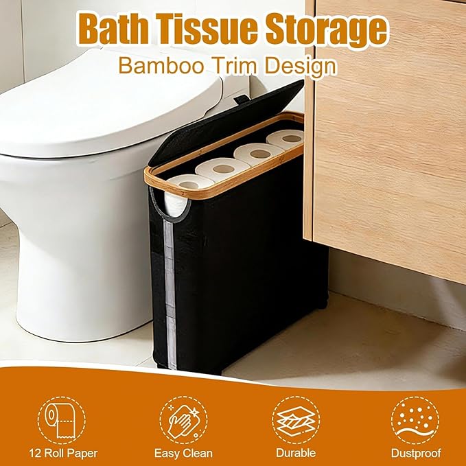 Toilet Paper Roll Storage, Bathroom Slim Toilet Paper Storage with Lid for 12 Rolls, Ultimate Bathroom Organizer with Anti-Slip Base, Black 30L