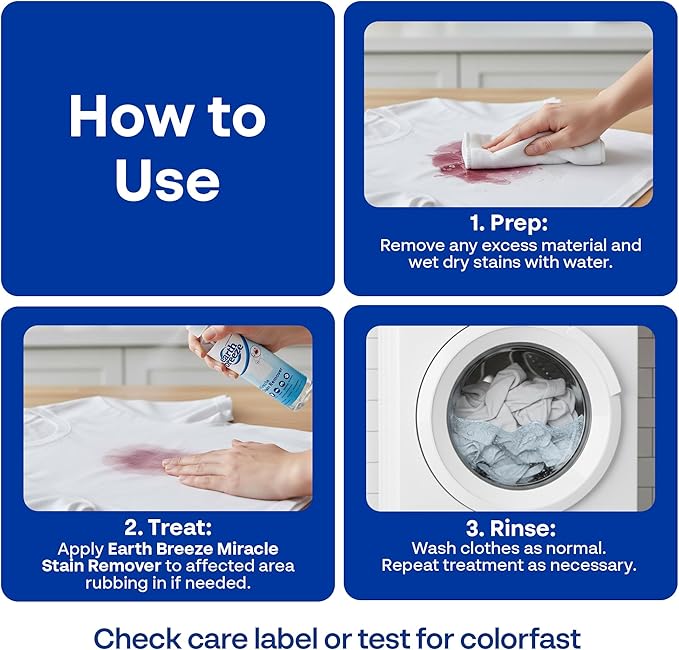 Earth Breeze Miracle Stain Remover Spray – Powerful All-In-One Solution - Removes Virtually All Household Stains – No Harsh Chemicals – Made in USA – Effective Tough Stain Eliminator – 8fl oz.