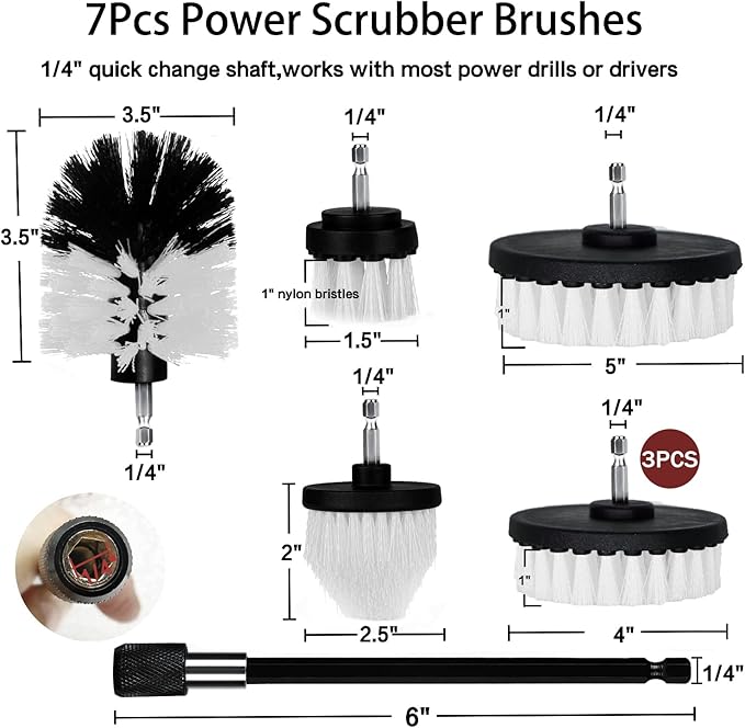 8 Pack Drill Brush Attachment Set,1/4in Power Scrubber Brush + Extend Long Rod, Power Cleaning Scrub Brush for Bathroom, Tub, Tile, Floor, Grout, Boat(White)