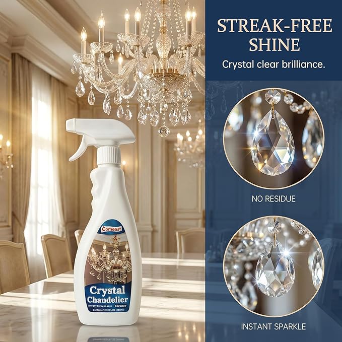 Crystal Chandelier Cleaner Spray, No-Wipe Drip Dry, Easy-to-Use Streak-Free Shine, Safe for Crystal Glass & Metal Fixtures, Ideal for High Ceiling Lighting (16.91 oz)