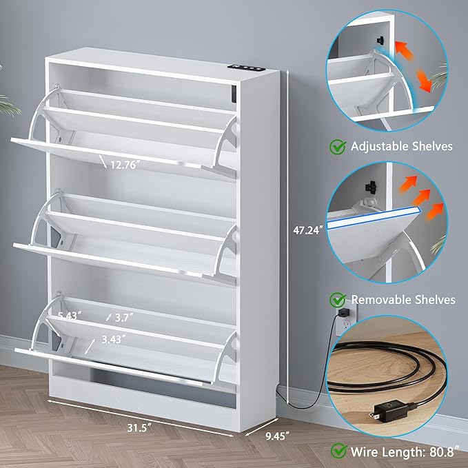 BORNOON Shoe Cabinet with Odor Control and Back Panels, Deodorizing Slim 3-Flip Shoe Storage Cabinet for Entryway, Freestanding Hidden Shoe Rack Organizer for Entrance, Hallway, Bedroom