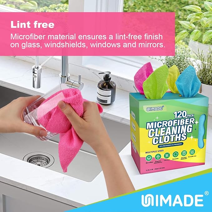 Microfiber Cleaning Cloth, 120 Pack Reusable Paper Towels Microfiber Towels for Cars Lint Free Washable Tissues Shop Rags with Dispenser Box for Home Kitchen Automotive, 11"x 9", Multicolor
