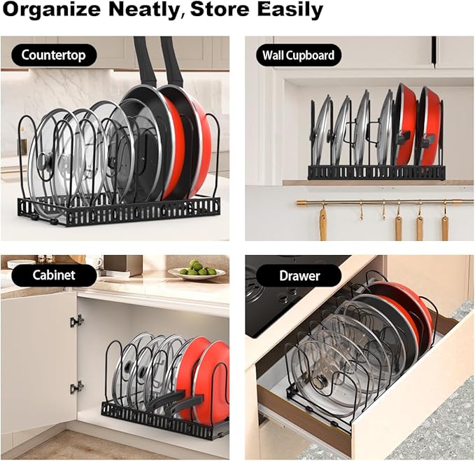 Housolution Pot and Pan Organizer Rack for Cabinet, Pot Lid Organizer with 7 Adjustable Dividers, Pan Holder Storage Rack for Kitchen Cabinet, Black