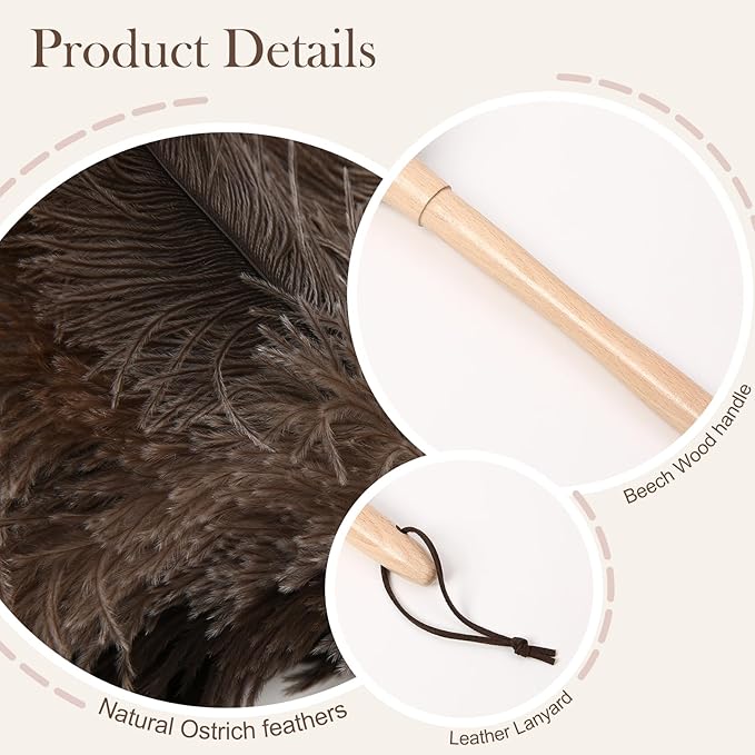 Ostrich Duster Fluffy Natural Feather Dusters with Wooden Handle Cleaning Supplies for Home Office Car (1, 16inch)