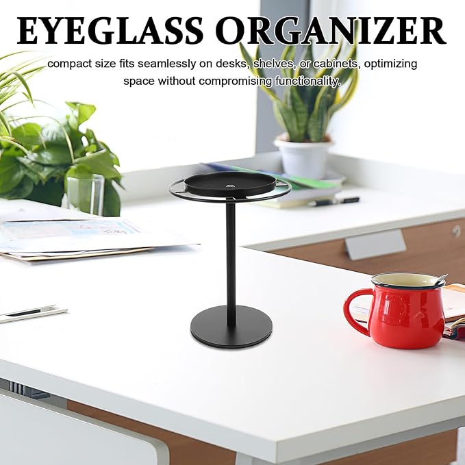 Metal Eyeglass Organizer with Storage Tray, Glasses Holder Rack for Desk, Sunglasses Shelf Desktop Organizer, Black Metal Eyewear Storage Stand for Home and Office