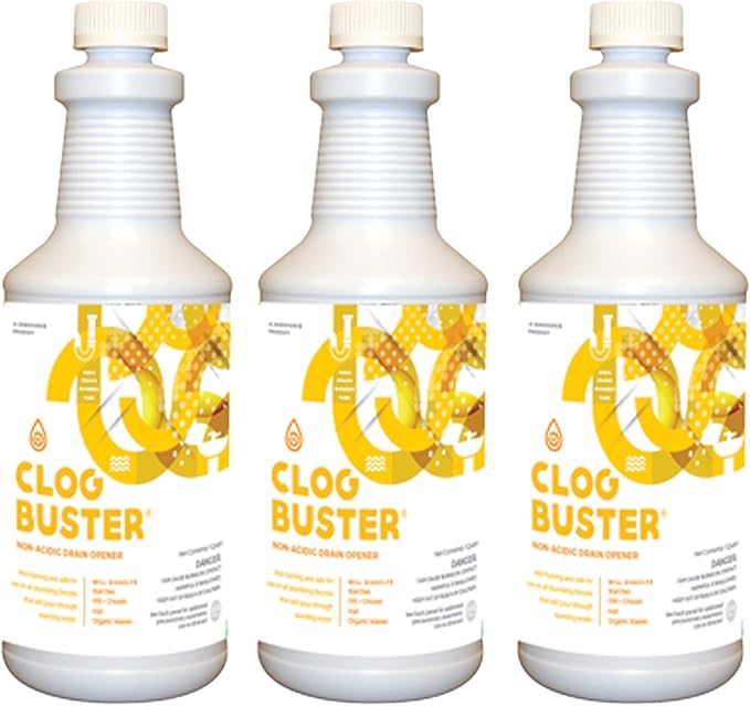 ClogBuster Non-Acidic Drain Opener and Clog Remover, Commercial Grade, 1 Quart (3-Pack)