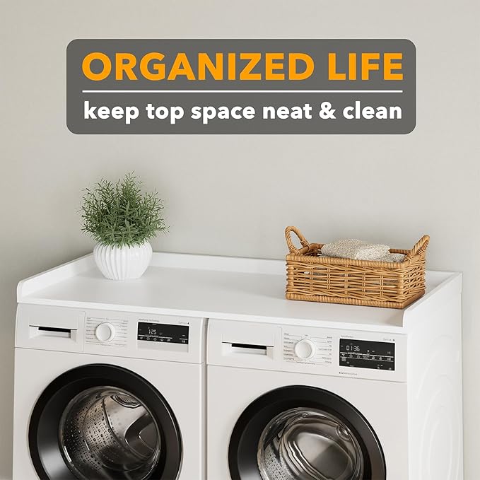 SpaceAid Washer Dryer Countertop, Laundry Wood Shelf Topper with Edge, 54" Width x 27.5" Depth Cover Guard Organizer for Washer and Dryer Laundry Hamper Counter Storage Organization (White)