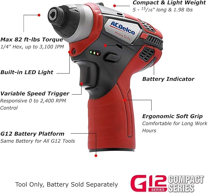 ACDelco ARI12105-K5 G12 Series 12V Cordless Li-ion 3/8” 2-Speed Drill Driver & ¼” Impact Driver Combo Tool Kit
