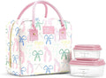 Fit & Fresh Bloomington Lunch Bag for Women - Insulated Large Lunch Box for Work with Containers, Leak-Resistant, Stain-Resistant, Zipper Closure, Pink Dainty Bows