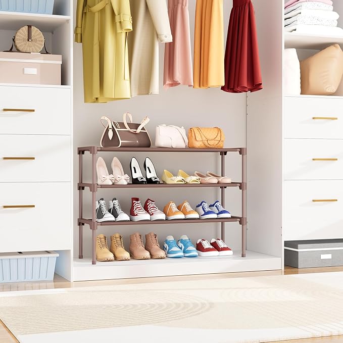 34" Widening Design Shoe Rack for Closet 16 Pairs Small Spaces Non-Woven 3 Tier Shoe Organizer Stackable Metal Shoe Shelf for Entryway, Bedroom Brown