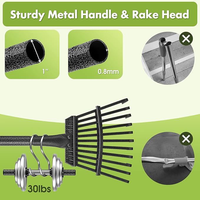 INFLATION Garden Rake for Leaves Sturdy Metal Small Yard Leaf Rakes for Lawns 60” Length 8.5 Inch Width 11 Tines for Women Men Kids Lightweight with Non-Slip Comfortable Smooth Long Handle