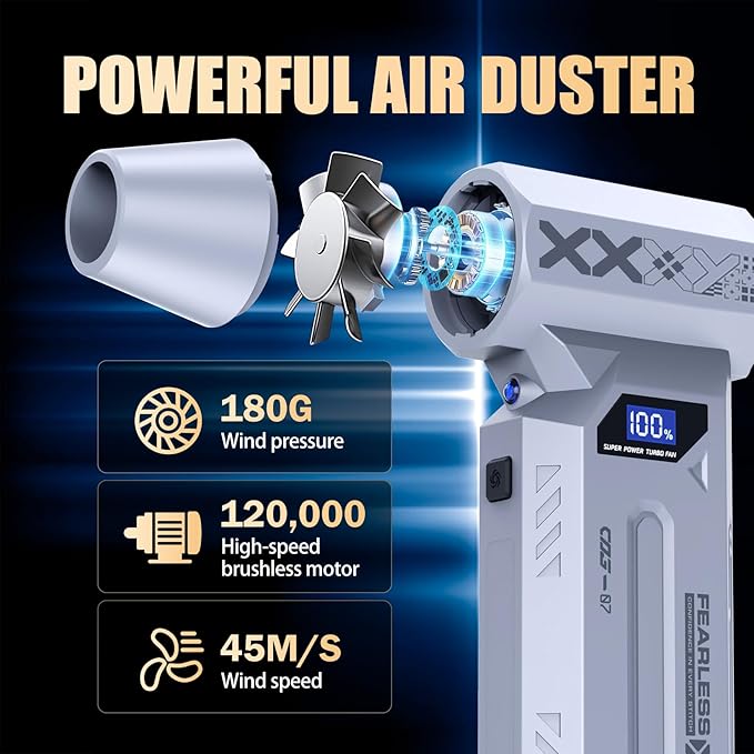 Air Duster Rechargeable, 120000RPM Compressed Air Duster with LED Lighting, Cordless Mini Blower 4-Gear Adjustable, Electric Air Duster 180G Wind Press for Keyboard PC Car Outdoor