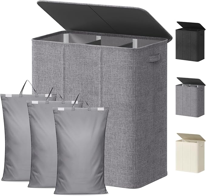 Lifewit Triple Laundry Hamper with Lid and Removable Laundry Bags, Large Collapsible 3 Dividers Dirty Clothes Basket with Handles for Bedroom, Laundry Room, Closet, Bathroom, College, 160L Light Gray