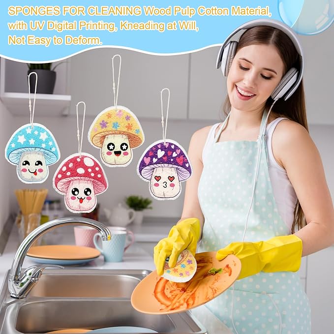 8 Pack Cute Kitchen Sponges Dish Set Compressed Non-Scratch Reusable Kitchen Cleaning Household Sponges for Dishes, Pans, Kitchen, Fruit, Plate, Bathroom(Mushroom)