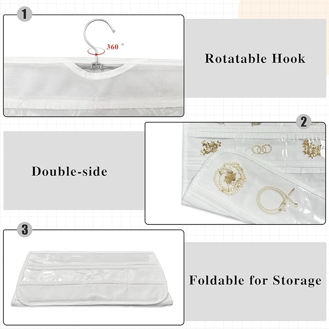 1 Pack Hanging Jewelry Organizer 80-Pocket Dual-sided Jewelry Storage for Earring Necklace Bracelet Ring Travel Holder, White