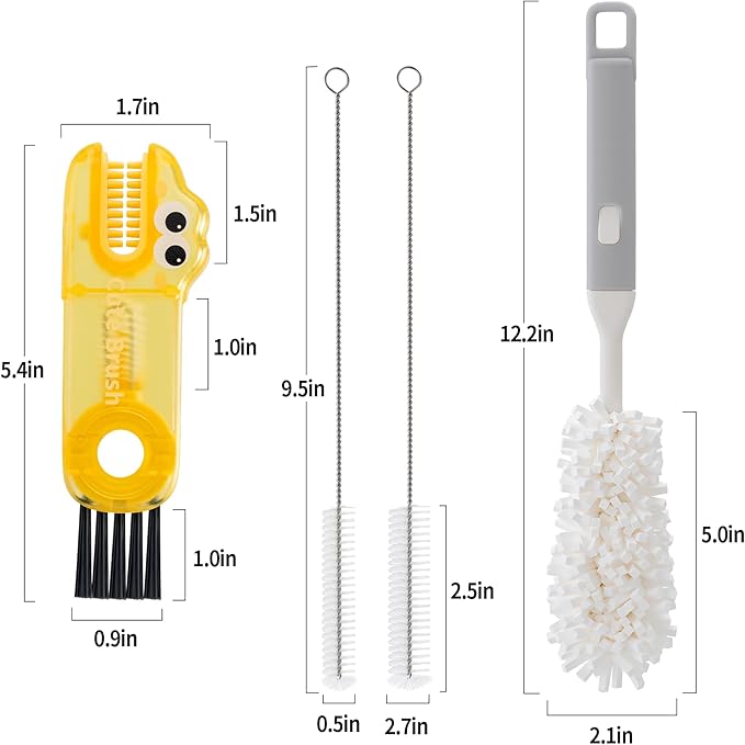 Bottle Brush Cleaning Set 4-Piece Set: 2X Straw Cleaning Brushes 1x 3-in-1 Portable Travel Brush 1x Detachable Handle Brush Ideal for Cleaning lids, Straws, Water Bottles, and More.