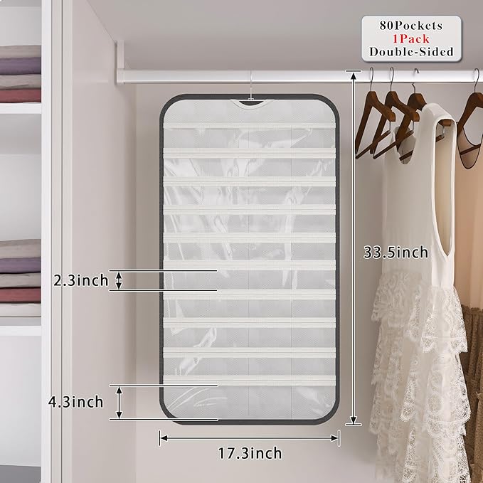 1 Pack Hanging Jewelry Organizer 80-Pocket Dual-sided Jewelry Storage for Earring Necklace Bracelet Ring Travel Holder, Black and White