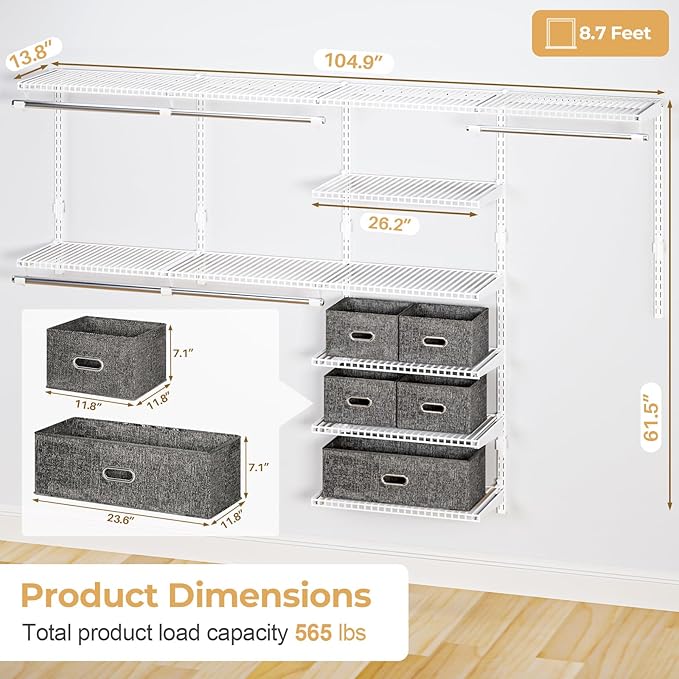 Wire Closet Organizer System, Wall Mounted 8.7 Ft. Custom Closet Kit for Bedrooms Laundry Mudroom Garage Basement, Adjustable Storage Shelves for Clothes Shoes Handbags