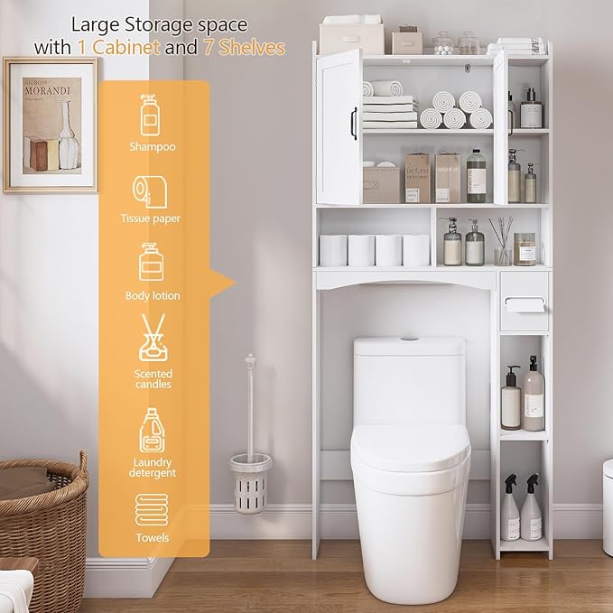 Viaozutis Over The Toilet Storage Cabinet, Over Toilet Bathroom Organizer, Bathroom Storage cabinets with Anti Tipping Devices, Storage cabinets with Toilet Paper Holders, for Bathroom, Laundr（White）