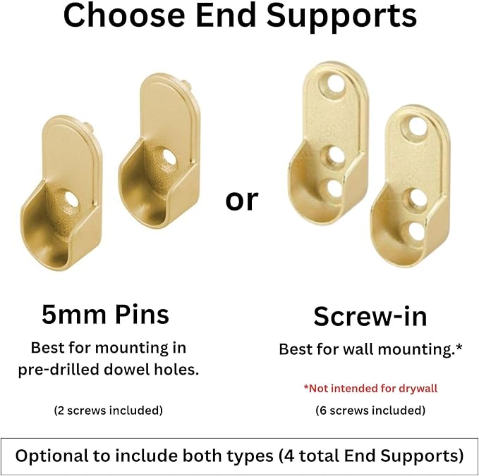 Custom cut to size (12-92 inches) oval closet rod with choice of end support (Matte Brass)