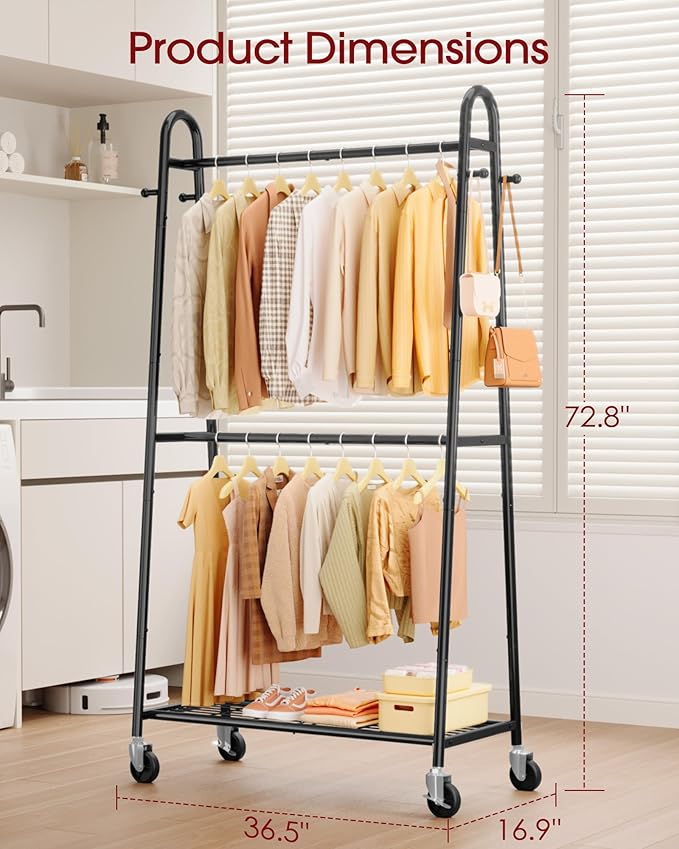 Sakugi Heavy Duty Clothes Rack, Metal Clothing Rack with Double Hanging Rods, 4 Hooks & Mesh Shelf, Freestanding Garment Rack with Triangular Design for Bedroom Closet, 36.5" x 16.9" x 72.8", Black
