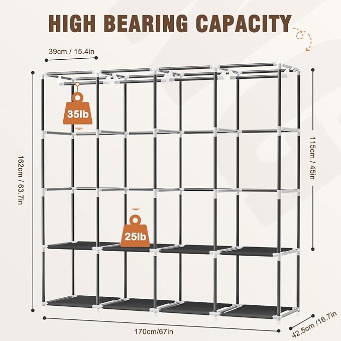 Neatrays Wardrobe Closet, 66 Inch Portable Closet for Hanging Clothes, Large Capacity Clothes Rack Organizer with Cover & 4 Hanging Rods & 8 Storage Shelves & 2 Side Pockets (Black)