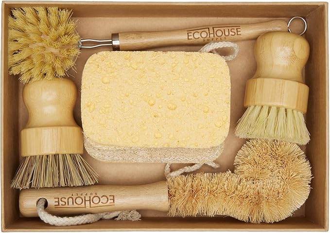 ECOHOUSE SUPPLY™ Bamboo Dish Brush Set – 6-Piece Natural Fiber Kitchen Brush Set with Loofah Sponges (No Bleach), Sisal & Palm Scrubbers – Non-Toxic, Eco-Friendly, Plastic-Free Dish Cleaning Brushes.