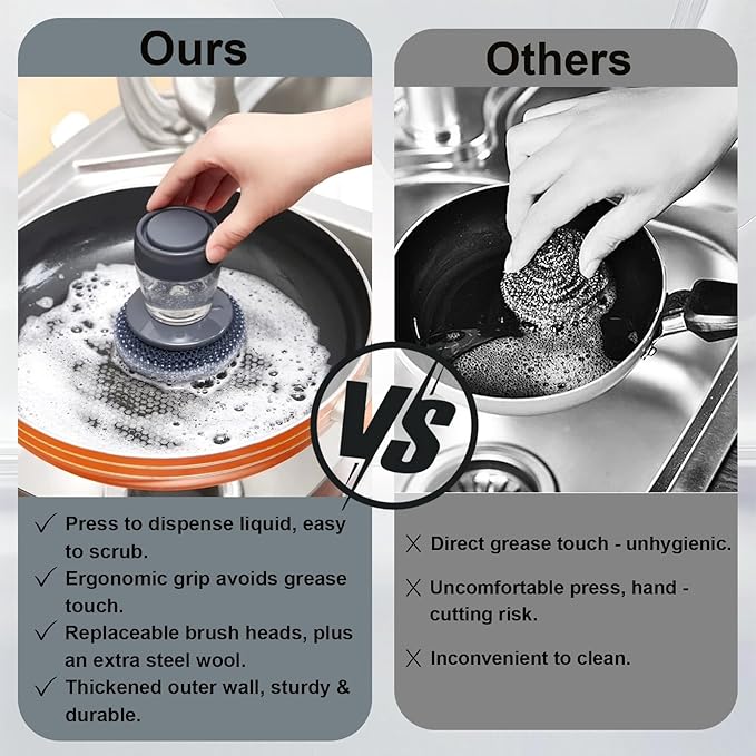 Dish Scrubber with Soap Dispenser, Steel Wool Scrubber with Replaceable Steel Wool, Transparent Cleaning Solution Reservoir, Cast Iron Cleaning Kit with Cast Iron Scraper for Cleaning Pans, Grills