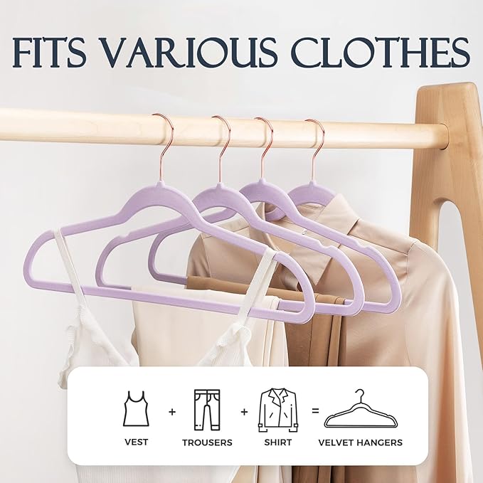 HOUSE DAY Velvet Hangers 30 Pack, Premium Non-Slip Felt Hangers, Sturdy Lt-Purple Clothes Hanger Heavy Duty, Space Saving Durable Suit Coat Hanger, 360° Rotating Rose Gold Hook