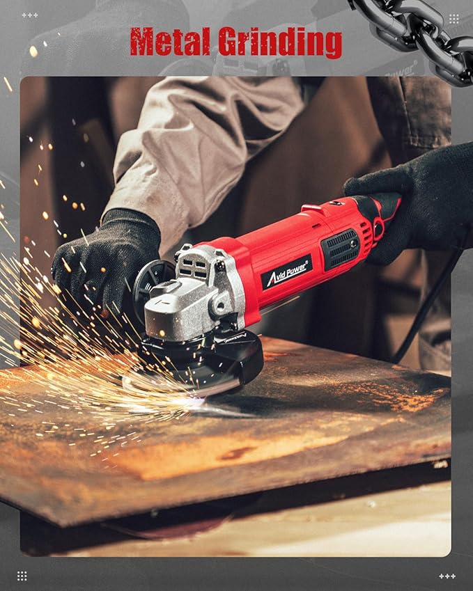 AVID POWER Angle Grinder 4-1/2 Inch 8.0 Amp 1000W Electric Grinder Tool 7-Variable-Speed Metal Grinder, 11,500 RPM, Paddle Switch with Lock-on Button, Cutting & Grinding Wheels and Side Handle - Red
