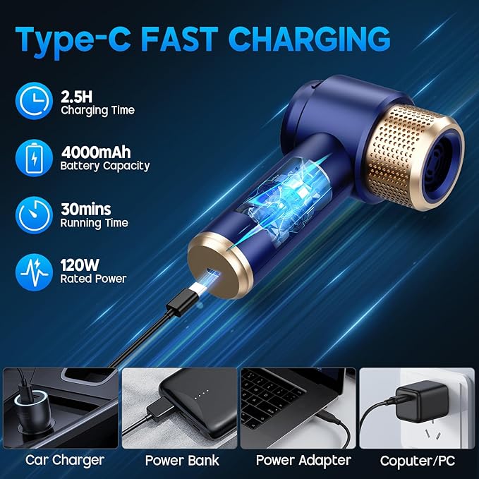JONYJ Handheld Car Vacuum Cleaner, 16000PA Hand Held Vacuum Portable Cordless, 2 in 1 Air Duster and Vacuum Cleaner with LED Light, Multi-Nozzles, 120W High Power Mini Vacuum for Home, Pet, Office