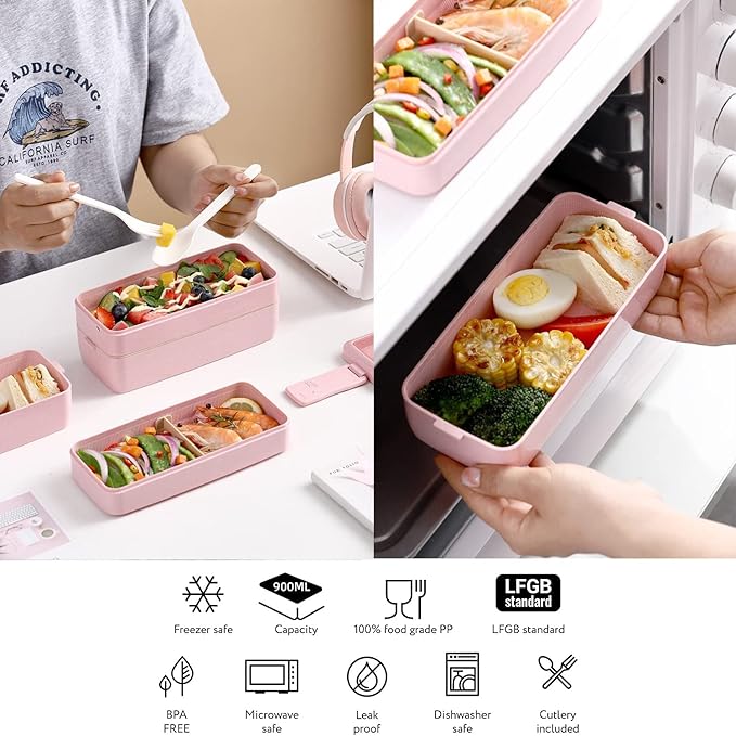 Rarapop Beige Stackable Bento Lunch Box Kit, 3-In-1 Compartment Wheat Straw Lunch Containers with Tableware, Reusable On-the-Go Meal and Snack Containers
