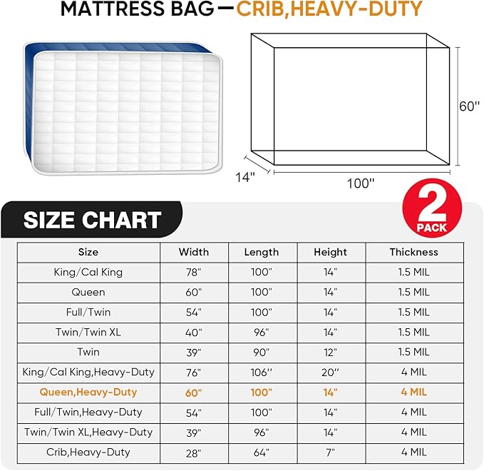 2 PK 4Mil Queen Mattress Bags for Moving – Heavy Duty Plastic Cover for Storage & Disposal, Waterproof & Tear-Resistant Moving Supplies